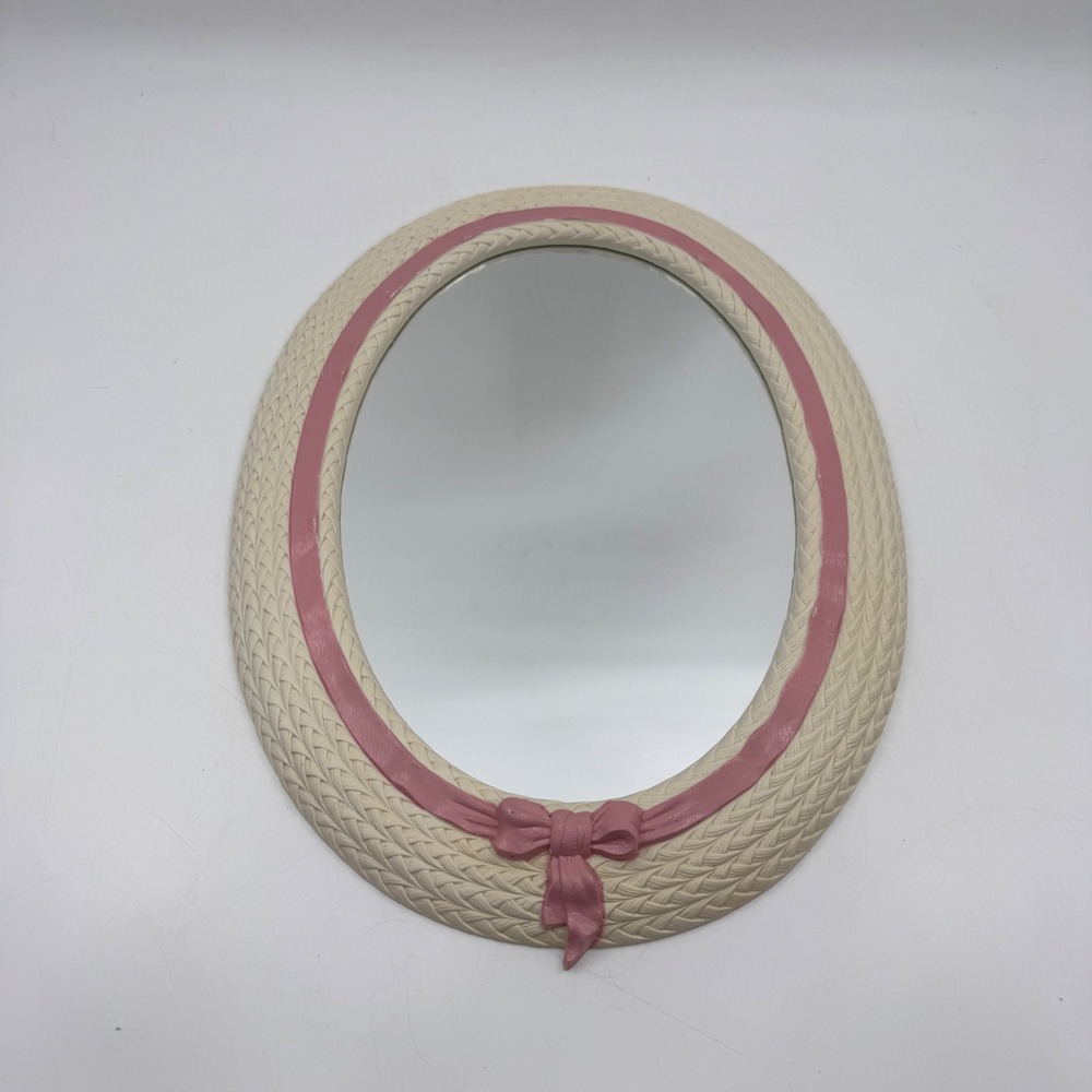 Vintage Oval Nursery Mirror Pink Bow Woven Frame Home Interiors & Gifts